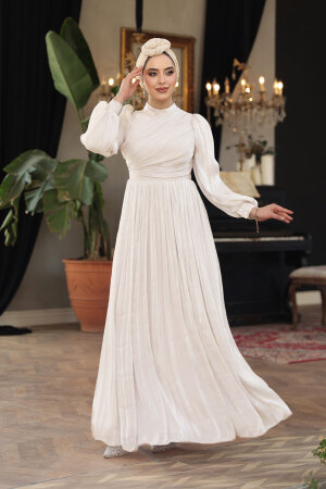 Tesettürlü Abiye Elbise - Drape Detaylı Krem Tesettür Abiye Elbise 44081KR 