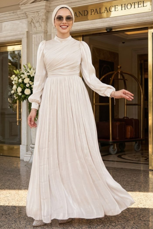 Tesettürlü Abiye Elbise - Drape Detaylı Krem Tesettür Abiye Elbise 44081KR 