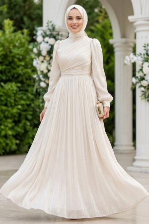 Tesettürlü Abiye Elbise - Drape Detaylı Krem Tesettür Abiye Elbise 44081KR 