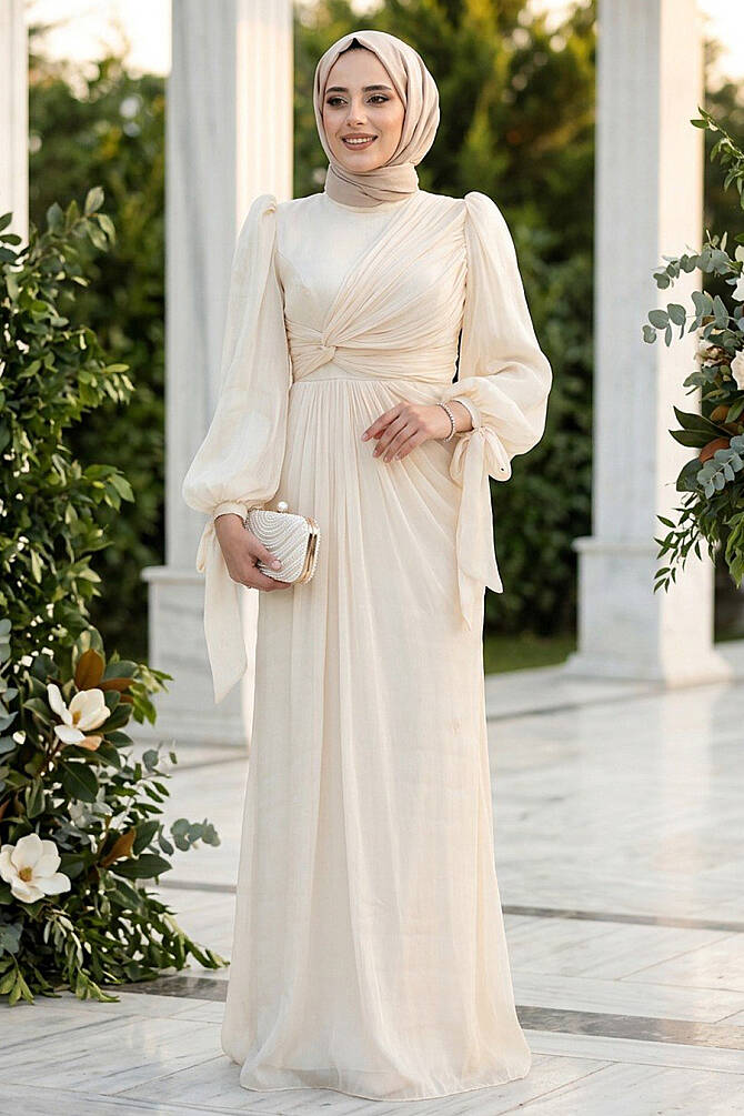 Tesettürlü Abiye Elbise - Drape Detaylı Krem Tesettür Abiye Elbise 52285KR - 1