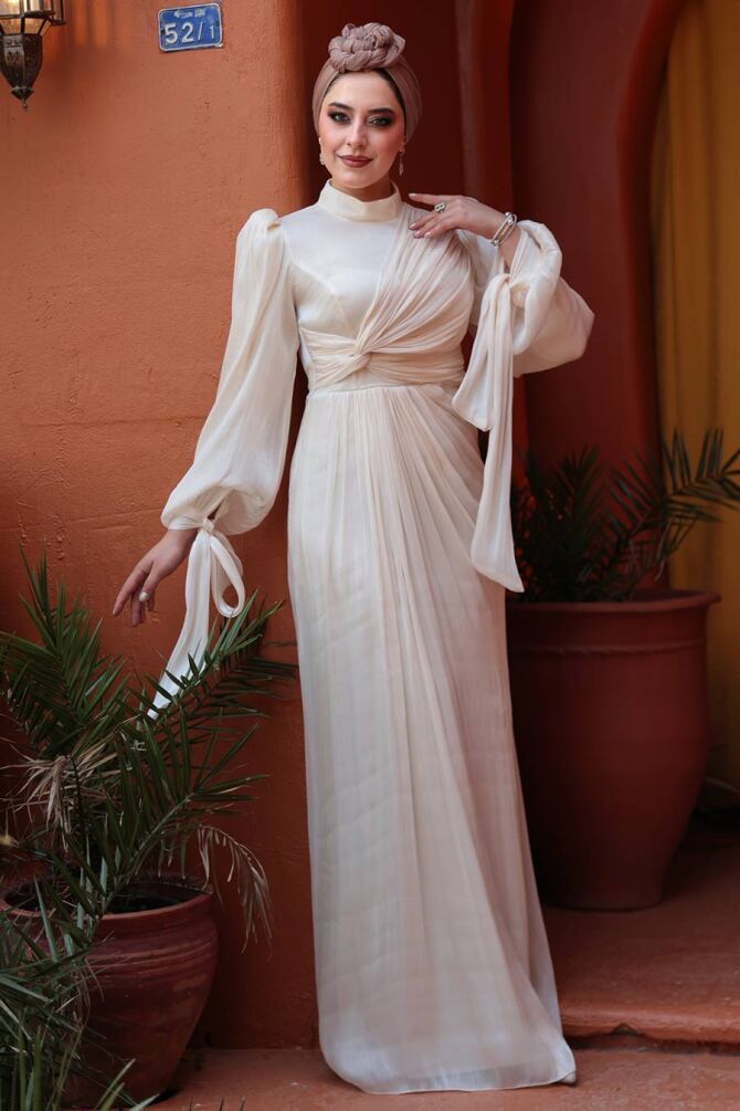 Tesettürlü Abiye Elbise - Drape Detaylı Krem Tesettür Abiye Elbise 52285KR - 2