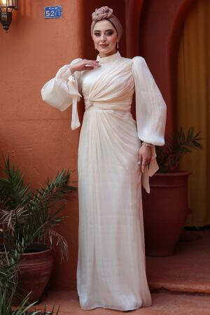 Tesettürlü Abiye Elbise - Drape Detaylı Krem Tesettür Abiye Elbise 52285KR - 3