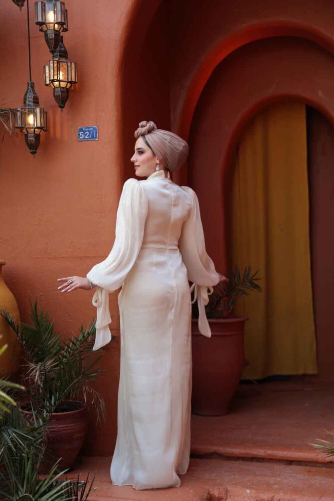 Tesettürlü Abiye Elbise - Drape Detaylı Krem Tesettür Abiye Elbise 52285KR - 5