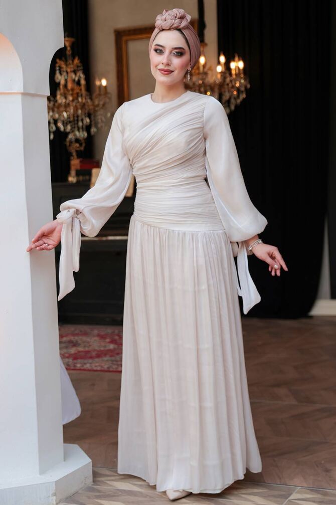 Tesettürlü Abiye Elbise - Drape Detaylı Krem Tesettür Abiye Elbise 53631KR - 2