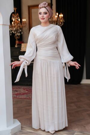 Tesettürlü Abiye Elbise - Drape Detaylı Krem Tesettür Abiye Elbise 53631KR 