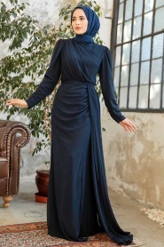 Tesettürlü Abiye Elbise - Drape Detaylı Lacivert Tesettür Abiye 5736L - Thumbnail