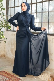 Tesettürlü Abiye Elbise - Drape Detaylı Lacivert Tesettür Abiye 5736L - Thumbnail