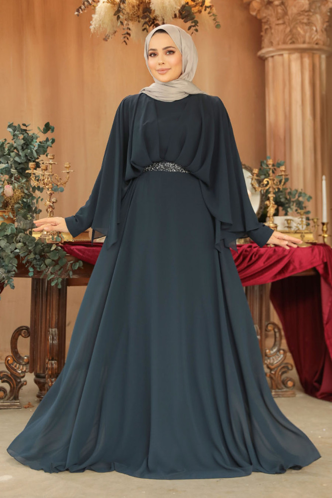Tesettürlü Abiye Elbise - Drape Detaylı Lacivert Tesettür Abiye Elbise 25891L - 1