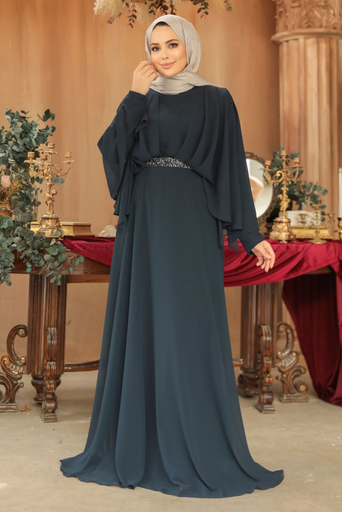 Tesettürlü Abiye Elbise - Drape Detaylı Lacivert Tesettür Abiye Elbise 25891L - 3