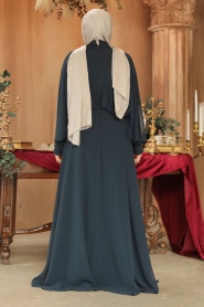 Tesettürlü Abiye Elbise - Drape Detaylı Lacivert Tesettür Abiye Elbise 25891L - Thumbnail