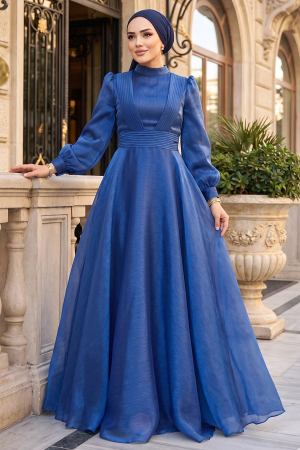 Tesettürlü Abiye Elbise - Drape Detaylı Lacivert Tesettür Abiye Elbise 45701L - 1