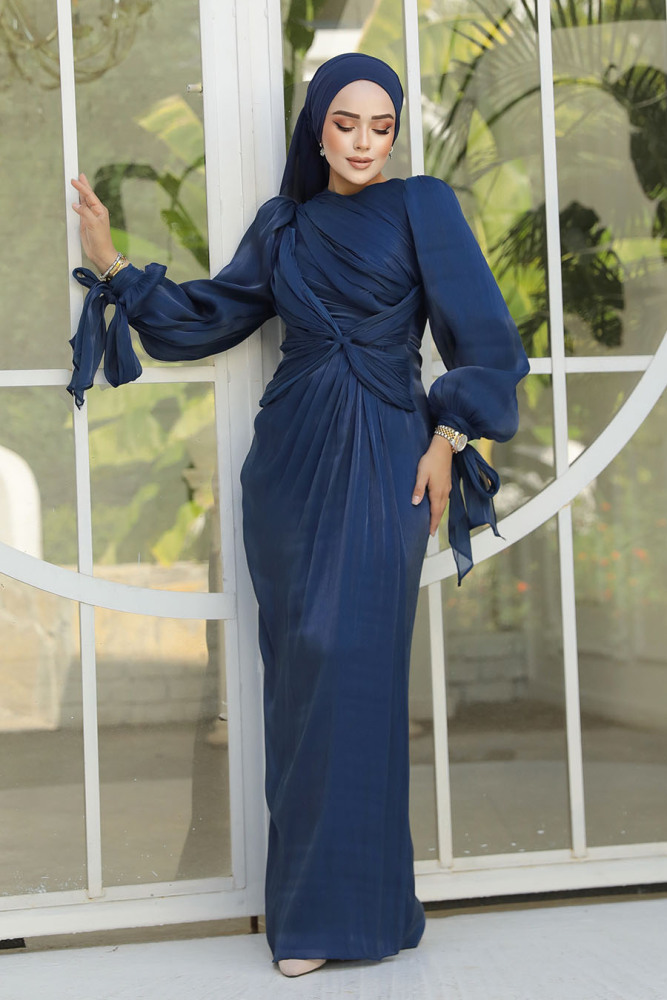 Tesettürlü Abiye Elbise - Drape Detaylı Lacivert Tesettür Abiye Elbise 47261L - 1