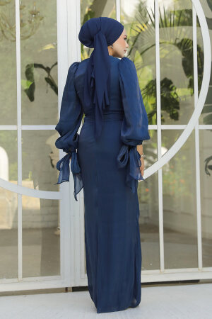 Tesettürlü Abiye Elbise - Drape Detaylı Lacivert Tesettür Abiye Elbise 47261L - 3