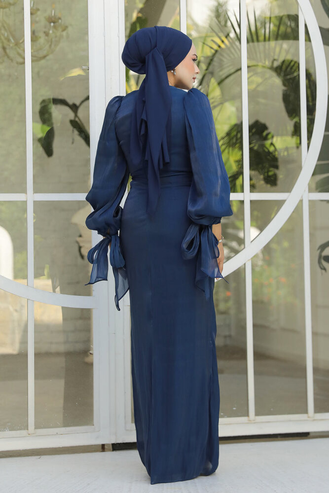 Tesettürlü Abiye Elbise - Drape Detaylı Lacivert Tesettür Abiye Elbise 47261L - 3