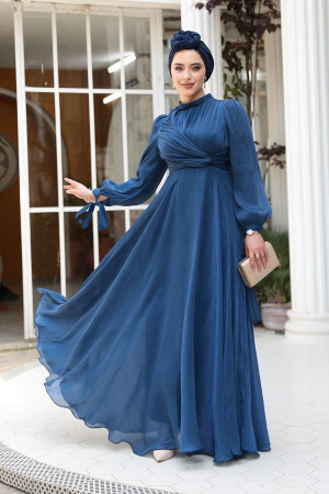 Tesettürlü Abiye Elbise - Drape Detaylı Lacivert Tesettür Abiye Elbise 4823L 