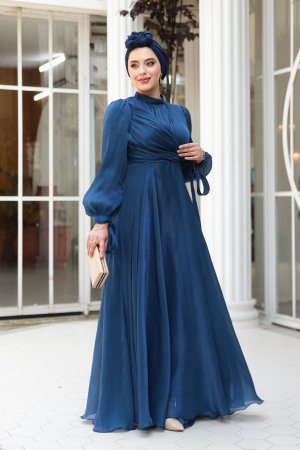 Tesettürlü Abiye Elbise - Drape Detaylı Lacivert Tesettür Abiye Elbise 4823L - 2