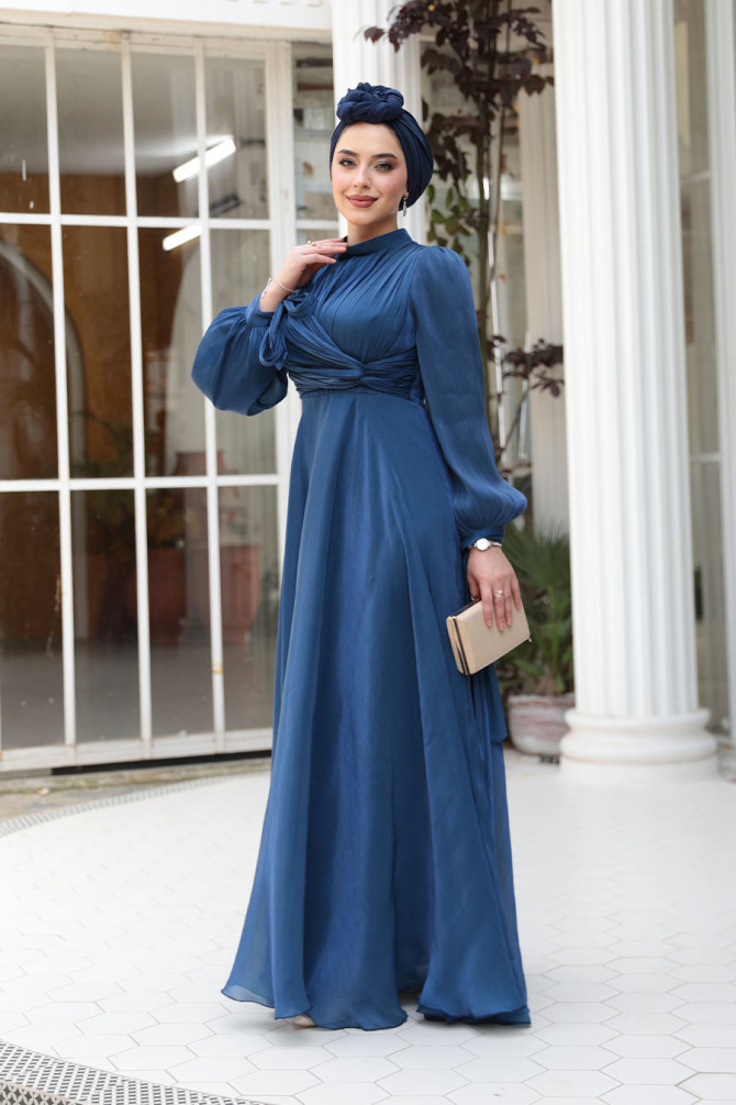Tesettürlü Abiye Elbise - Drape Detaylı Lacivert Tesettür Abiye Elbise 4823L - 3