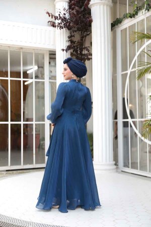 Tesettürlü Abiye Elbise - Drape Detaylı Lacivert Tesettür Abiye Elbise 4823L - 4
