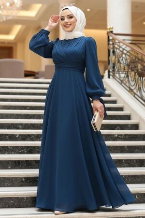 Tesettürlü Abiye Elbise - Drape Detaylı Lacivert Tesettür Abiye Elbise 4823L 