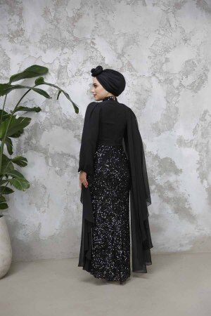Tesettürlü Abiye Elbise - Payetli Siyah Tesettür Abiye Elbise 50231S - 3
