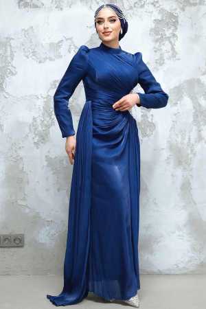 Tesettürlü Abiye Elbise - Drape Detaylı Lacivert Tesettür Abiye Elbise 4919L - 2