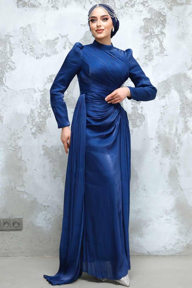 Tesettürlü Abiye Elbise - Drape Detaylı Lacivert Tesettür Abiye Elbise 4919L - 2