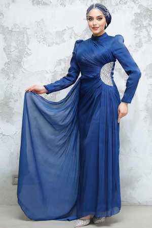 Tesettürlü Abiye Elbise - Drape Detaylı Lacivert Tesettür Abiye Elbise 4919L - 1