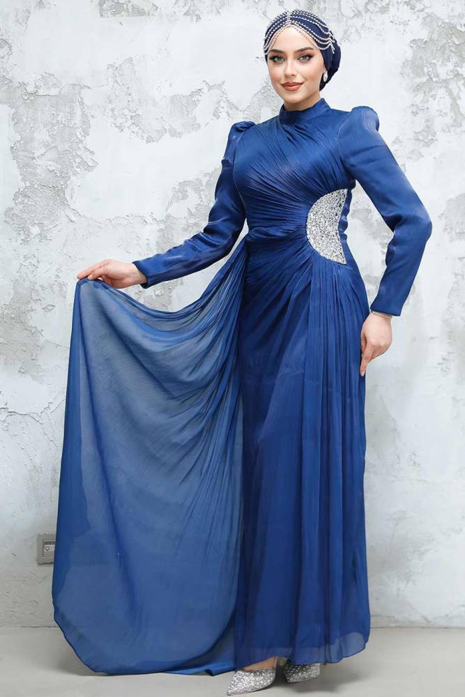 Tesettürlü Abiye Elbise - Drape Detaylı Lacivert Tesettür Abiye Elbise 4919L - 1