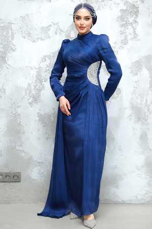 Tesettürlü Abiye Elbise - Drape Detaylı Lacivert Tesettür Abiye Elbise 4919L - 3