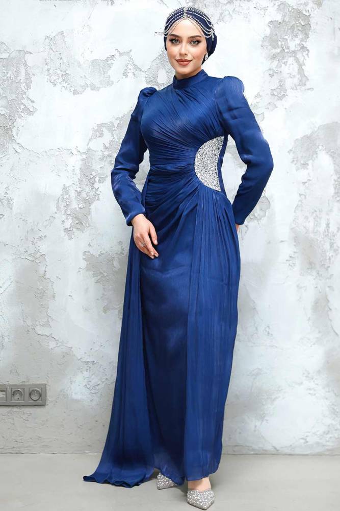 Tesettürlü Abiye Elbise - Drape Detaylı Lacivert Tesettür Abiye Elbise 4919L - 3