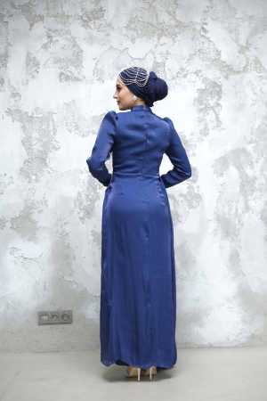 Tesettürlü Abiye Elbise - Drape Detaylı Lacivert Tesettür Abiye Elbise 4919L - 4