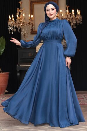 Tesettürlü Abiye Elbise - Drape Detaylı Lacivert Tesettür Abiye Elbise 51072L 