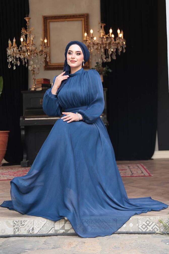 Tesettürlü Abiye Elbise - Drape Detaylı Lacivert Tesettür Abiye Elbise 51072L - 4