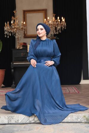 Tesettürlü Abiye Elbise - Drape Detaylı Lacivert Tesettür Abiye Elbise 51072L - 5
