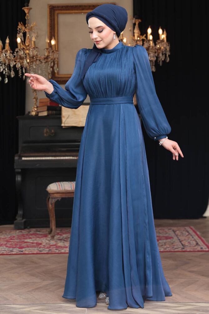 Tesettürlü Abiye Elbise - Drape Detaylı Lacivert Tesettür Abiye Elbise 51072L - 3