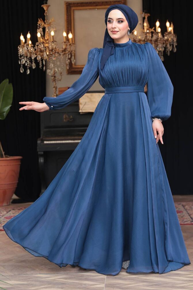 Tesettürlü Abiye Elbise - Drape Detaylı Lacivert Tesettür Abiye Elbise 51072L - 2