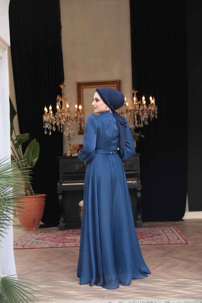 Tesettürlü Abiye Elbise - Drape Detaylı Lacivert Tesettür Abiye Elbise 51072L - 6