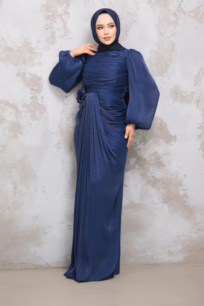 Tesettürlü Abiye Elbise - Drape Detaylı Lacivert Tesettür Abiye Elbise 51203L - TESETTÜRLÜ ABİYE ELBİSELER