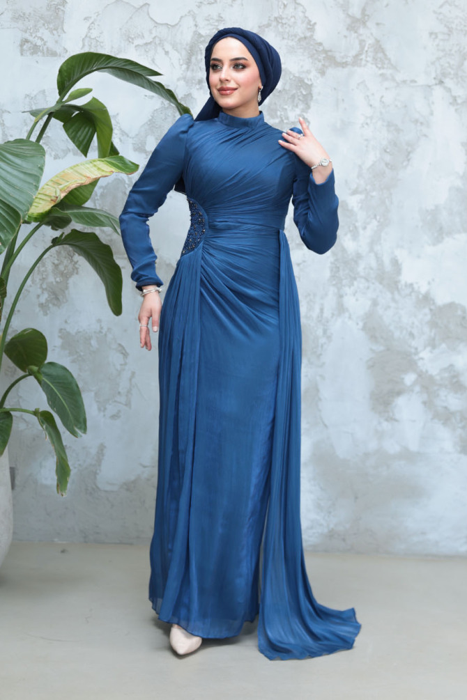 Tesettürlü Abiye Elbise - Drape Detaylı Lacivert Tesettür Abiye Elbise 51481L - 1
