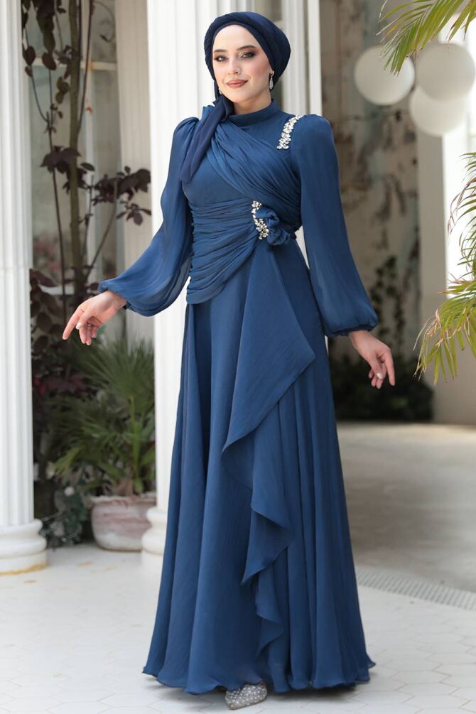 Tesettürlü Abiye Elbise - Drape Detaylı Lacivert Tesettür Abiye Elbise 51641L - 3