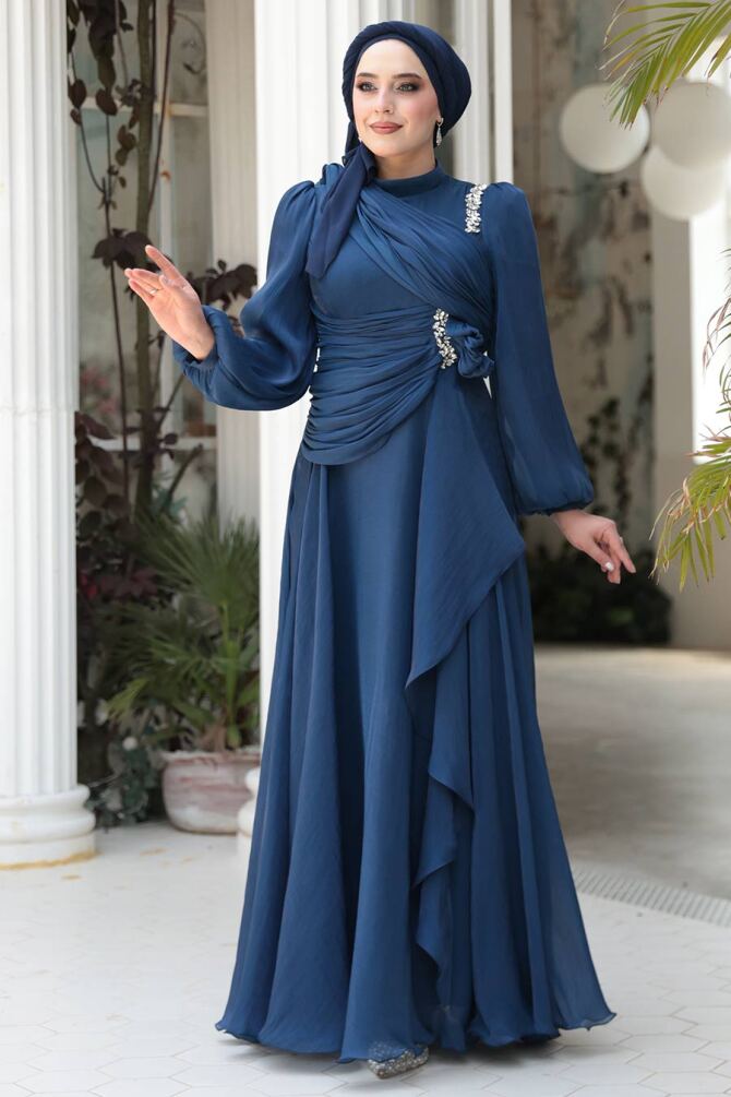 Tesettürlü Abiye Elbise - Drape Detaylı Lacivert Tesettür Abiye Elbise 51641L - 4
