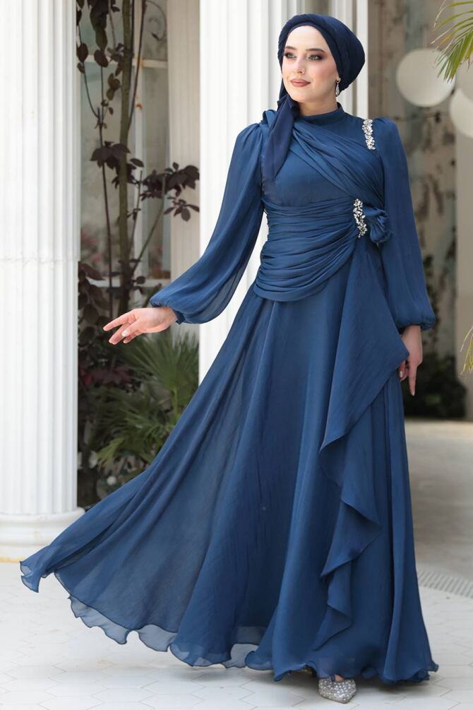 Tesettürlü Abiye Elbise - Drape Detaylı Lacivert Tesettür Abiye Elbise 51641L - 1