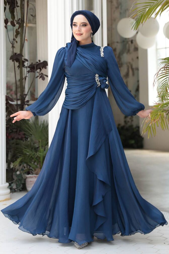 Tesettürlü Abiye Elbise - Drape Detaylı Lacivert Tesettür Abiye Elbise 51641L - 2