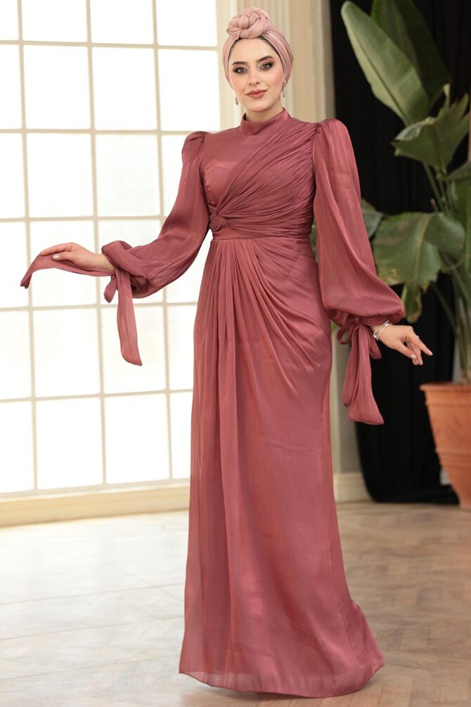 Tesettürlü Abiye Elbise - Drape Detaylı Gül Kurusu Tesettür Abiye Elbise 52285GK - 2