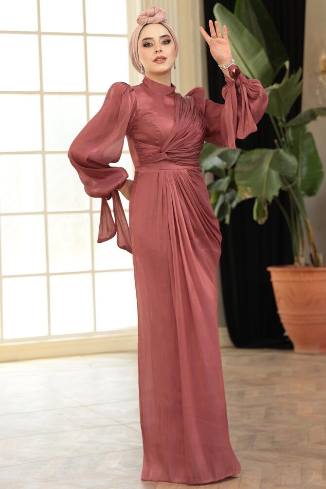 Tesettürlü Abiye Elbise - Drape Detaylı Gül Kurusu Tesettür Abiye Elbise 52285GK - 3