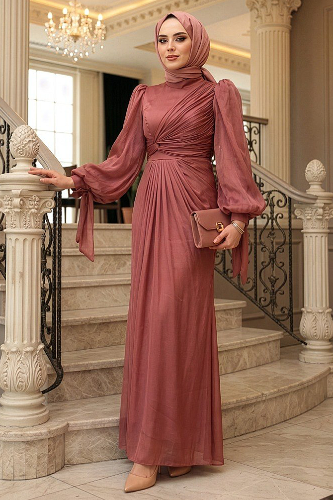 Tesettürlü Abiye Elbise - Drape Detaylı Gül Kurusu Tesettür Abiye Elbise 52285GK - 1