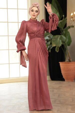 Tesettürlü Abiye Elbise - Drape Detaylı Gül Kurusu Tesettür Abiye Elbise 52285GK 