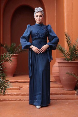 Tesettürlü Abiye Elbise - Drape Detaylı Lacivert Tesettür Abiye Elbise 52285L - 2