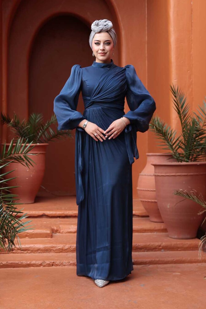 Tesettürlü Abiye Elbise - Drape Detaylı Lacivert Tesettür Abiye Elbise 52285L - 2