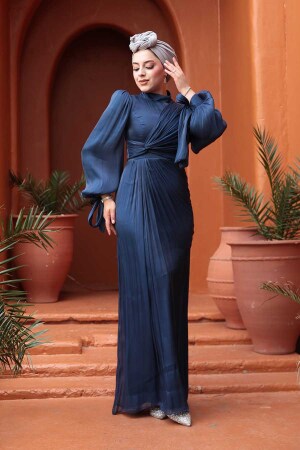 Tesettürlü Abiye Elbise - Drape Detaylı Lacivert Tesettür Abiye Elbise 52285L - 3